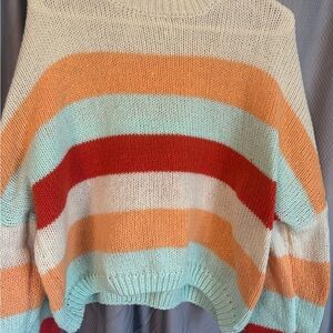 Striped Crewneck Women’s Sweater - Cream, Orange, Red, Mint